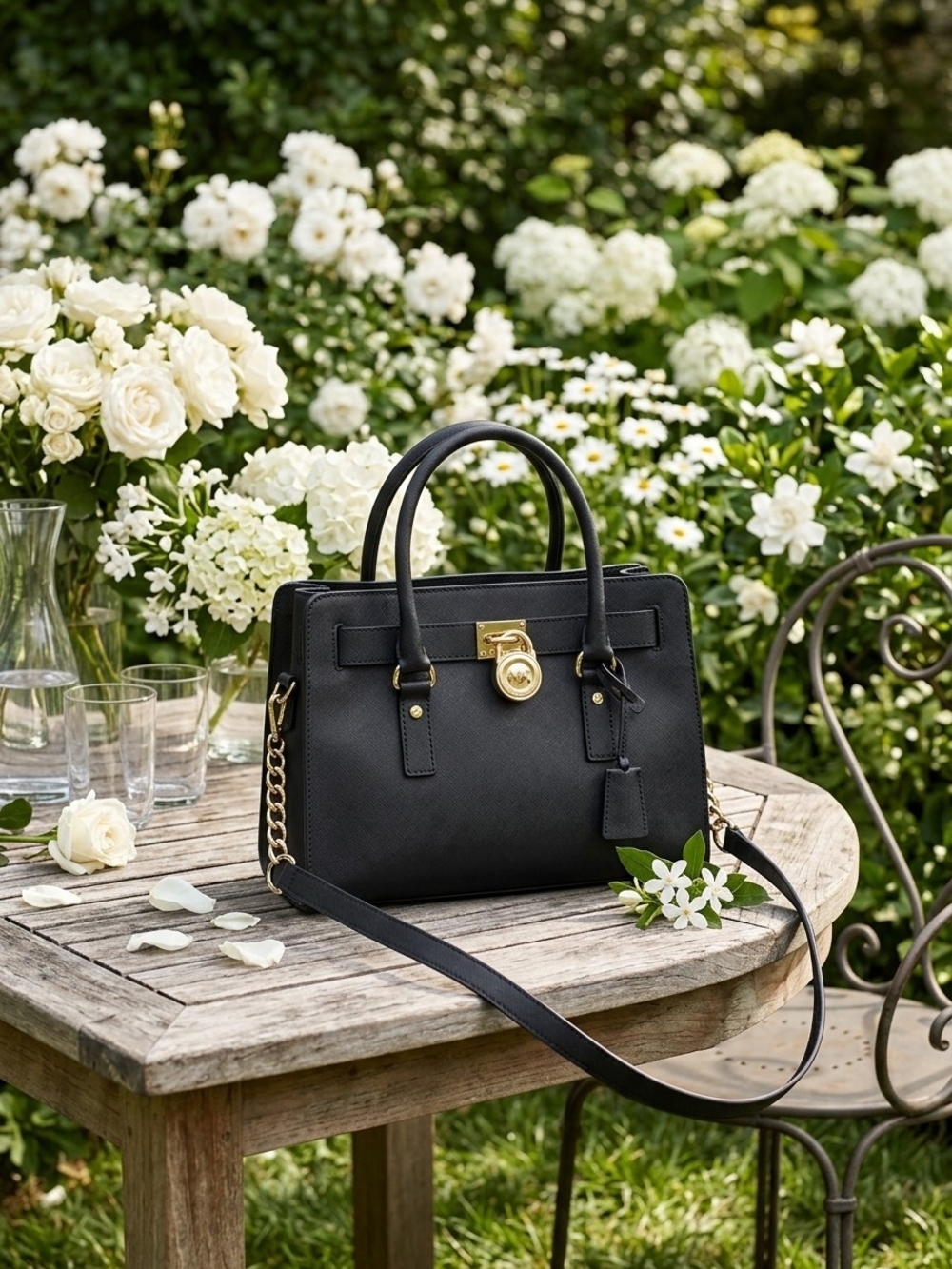 Michael Kors Black Leather Medium Satchel Handbag with Gold Hardware